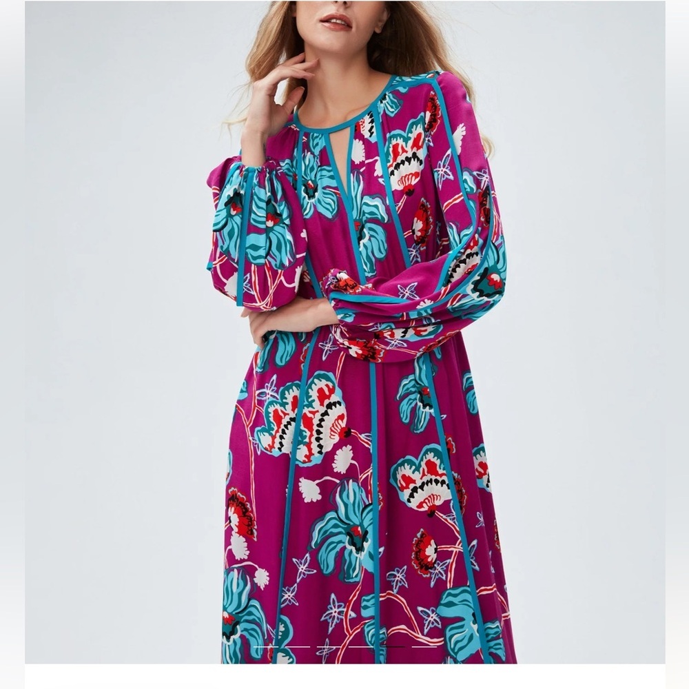 Diane Von Furstenberg Floral Long Sleeve Maxi Dress - Purple and Teal Size S